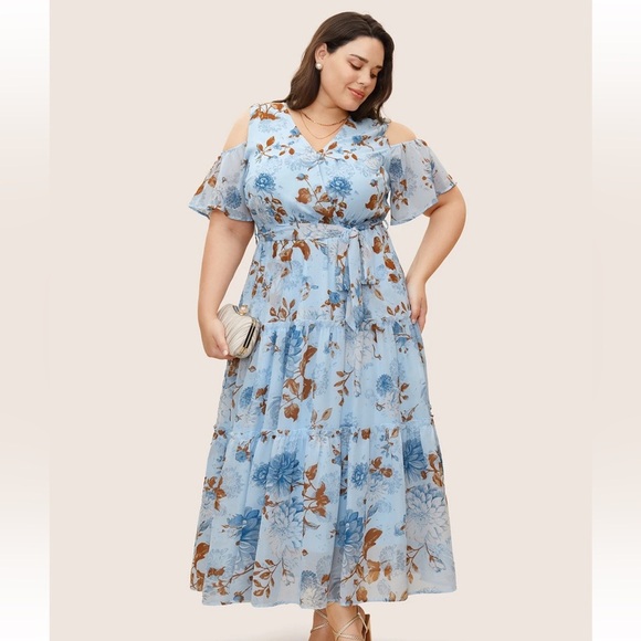 BloomChic Plus Size 2XL Floral Wrap Mesh Ruffle Sleeve Dress us18-20 - Picture 1 of 9